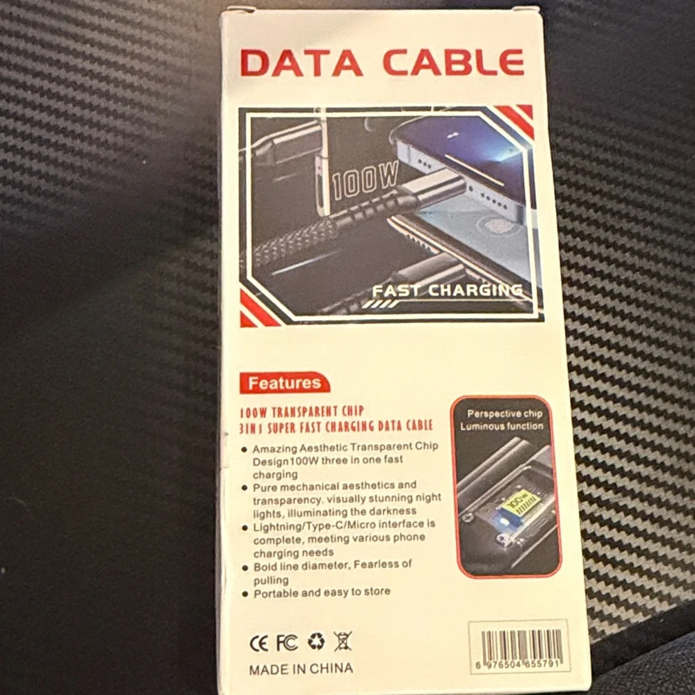 Fast Charging 3 n 1 100W power data cable black type c micro lightning portable